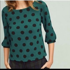 Maeve By Anthropologie Green Knit Top With Black Dots